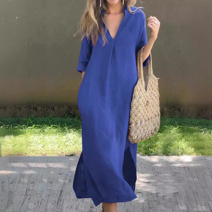 【40-100 kg】Vestido largo de lino para verano, escote en V, abertura lateral, cómodo