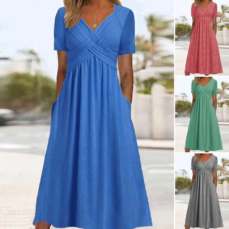 【S-3XL】2026 Vestido casual midi de color sólido Nuevo vestido suelto de manga corta de verano