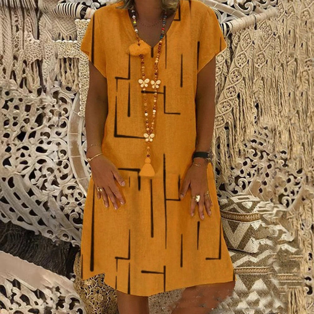 Vestido estampado de lino y algodón con cuello en V, color oro puro, 2026 - Oferta