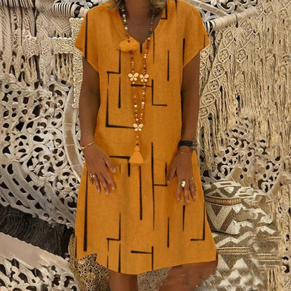 Vestido estampado de lino y algodón con cuello en V, color oro puro, 2026 - Oferta