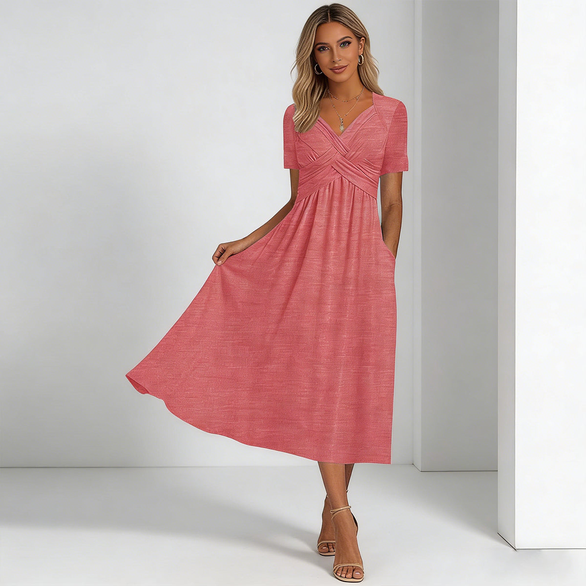 【S-3XL】2026 Vestido casual midi de color sólido Nuevo vestido suelto de manga corta de verano