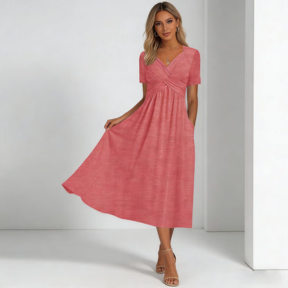【S-3XL】2026 Vestido casual midi de color sólido Nuevo vestido suelto de manga corta de verano