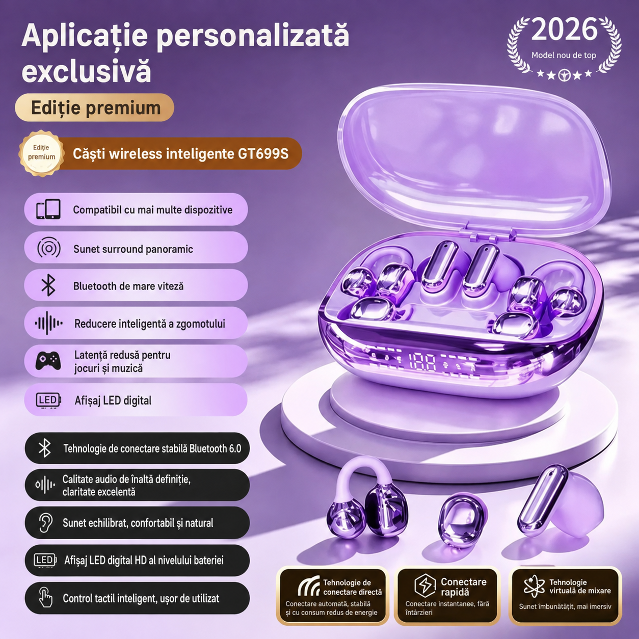 Căști wireless 6-în-1 GT699S, cu stiluri multiple și carcasă de urgență ✨