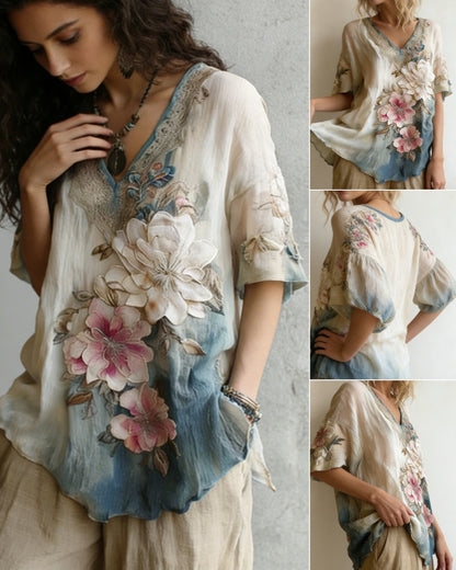 Blusa elegante con cuello en V profundo y estampado floral  Tallas S-4XL