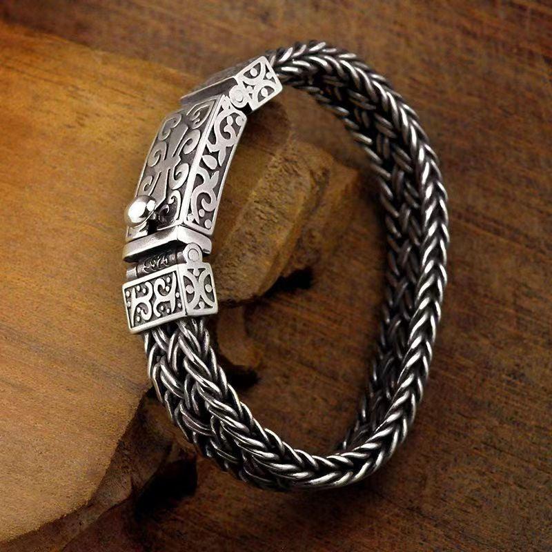 【Descuento】Pulseras de hombre fabricadas en plata 925, tejidas a mano, anchas y gruesas, estilo retro trendy