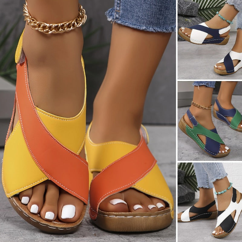 【¡Oferta!】【36-43】Sandalias de cuña en contraste de verano para mujer, cómodas sandalias con tiras en el tobillo, tejidas a mano, suaves y cómodas_E