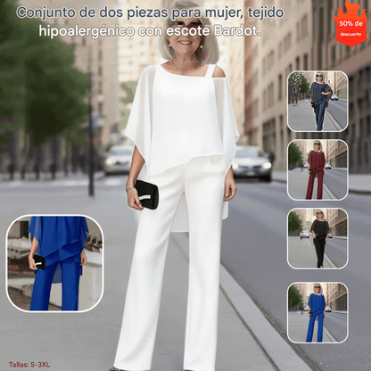 [50-120KG] Conjunto de verano de gasa suave para pieles sensibles con hombros descubiertos [Top + Pantalones]