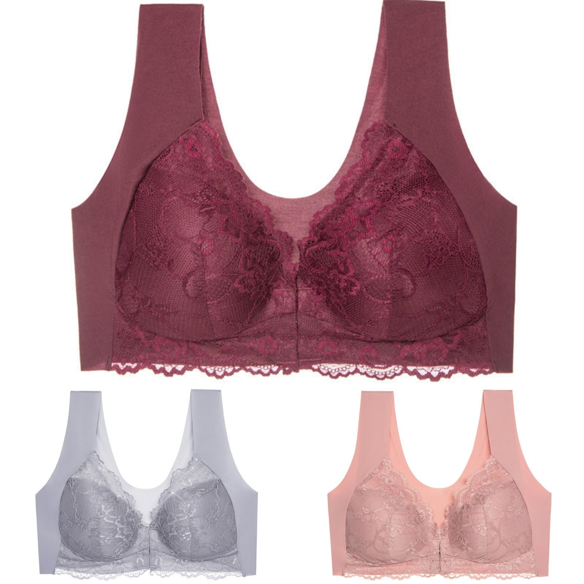 【3 piezas】Sujetador de talla grande con hebilla frontal, sexy, sin aro de acero, ropa interior con espalda hermosa