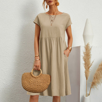 【Oferta de cambio de temporada】【S-5XL】Vestido de mujer 2026 de algodón y lino, con cuello redondo y corte cómodo