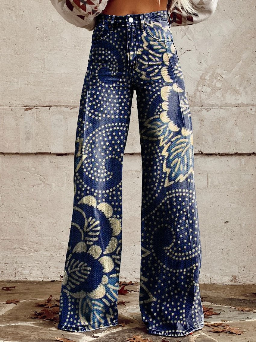Pantalones vaqueros azules de talle alto y pierna ancha con costuras de encaje [40 kg-120 kg]