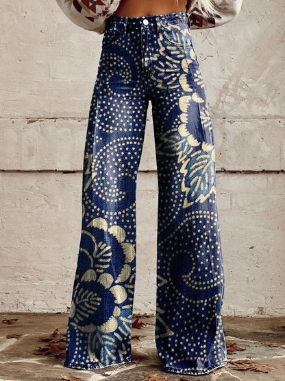 Pantalones vaqueros azules de talle alto y pierna ancha con costuras de encaje [40 kg-120 kg]