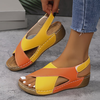 【¡Oferta!】【36-43】Sandalias de cuña en contraste de verano para mujer, cómodas sandalias con tiras en el tobillo, tejidas a mano, suaves y cómodas_E