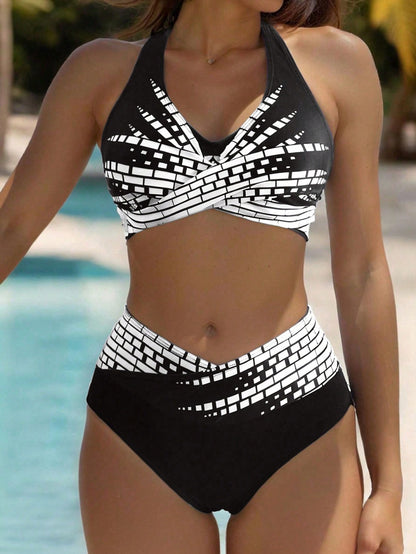 【L–2XL】Bikinis de dos piezas para mujeres de tallas grandes, Cintura alta, Alta elasticidad