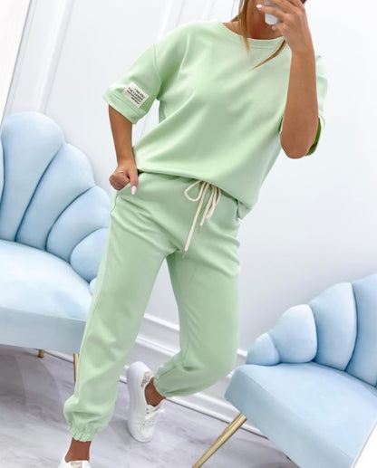 Conjunto casual de top y pantalones lisos para mujer (S-5XL)