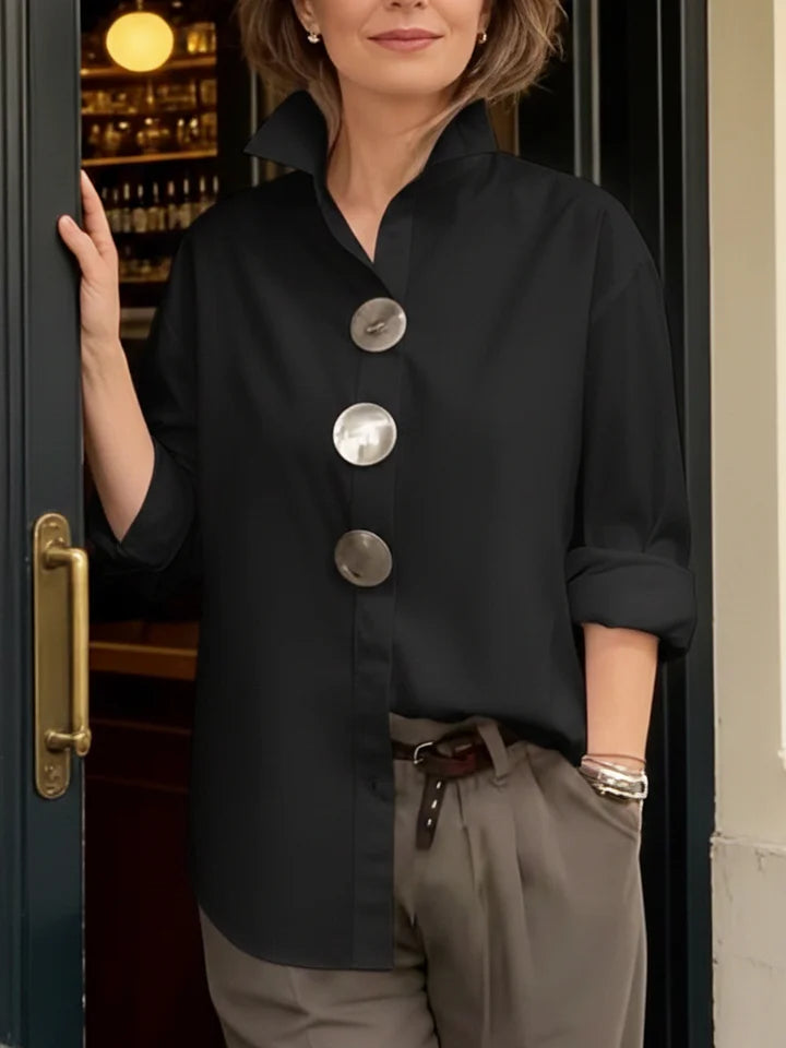 【Oferta por tiempo limitado】【Novedad 2026】Elegante y con estilo, Camisa de mujer de algodón y lino, cuello mao, botones metálicos