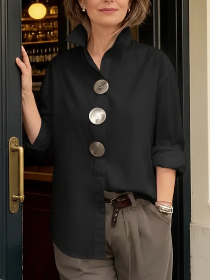 【Oferta por tiempo limitado】【Novedad 2026】Elegante y con estilo, Camisa de mujer de algodón y lino, cuello mao, botones metálicos
