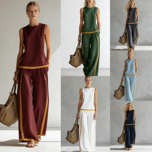 2026 Nuevo conjunto moderno de dos piezas para mujer: top sin mangas con detalles en contraste y pantalones de pierna ancha - Estilo veraniego, casual y chic.