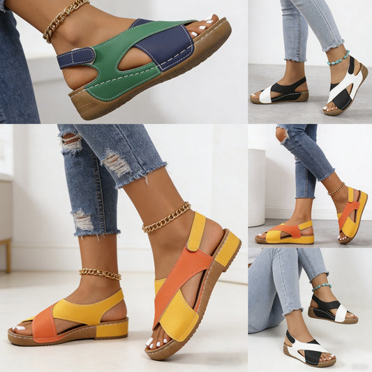 【¡Oferta!】【36-43】Sandalias de cuña en contraste de verano para mujer, cómodas sandalias con tiras en el tobillo, tejidas a mano, suaves y cómodas_E