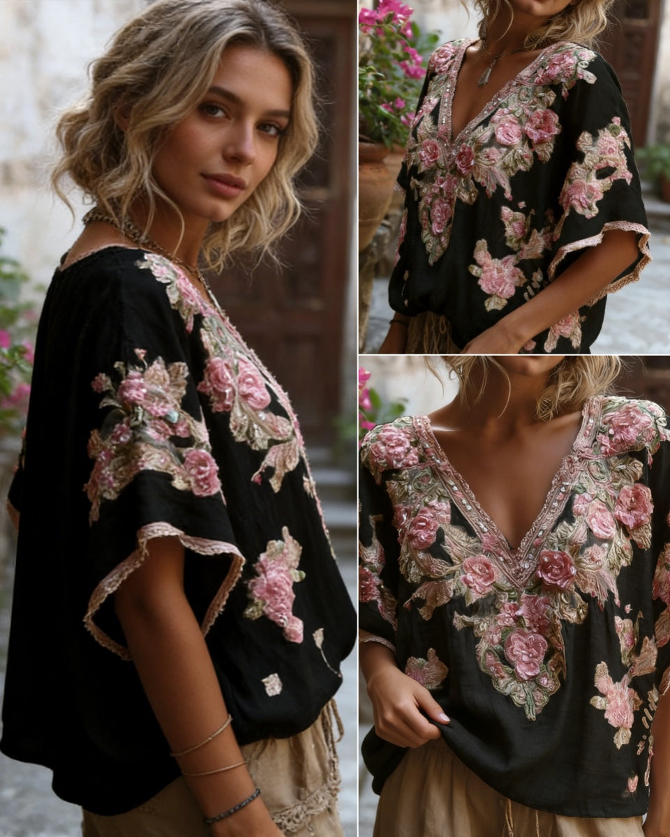 Blusa elegante con cuello en V profundo y estampado floral  Tallas S-4XL