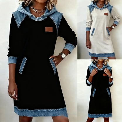 🔥🌷🌞Nowość na zimę Modna dżinsowa sukienka patchworkowa z kapturem