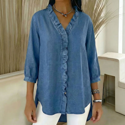 【40-100kg】Camisa vaquera informal para mujer con cuello en V y volantes