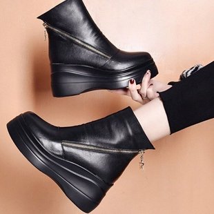 【35-40】 Botas cortas de cuero con punta redonda y suela gruesa con plataforma con cremallera diagonal._3859605