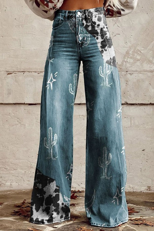 Pantalones vaqueros azules de talle alto y pierna ancha con costuras de encaje [40 kg-120 kg]