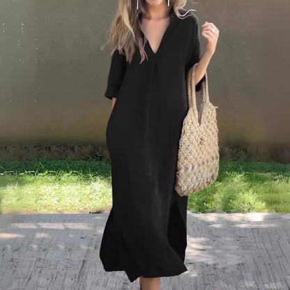 【50% de descuento 】【S–3XL】Vestido maxi de lino para verano, con cuello en V y aberturas laterales, cómodo