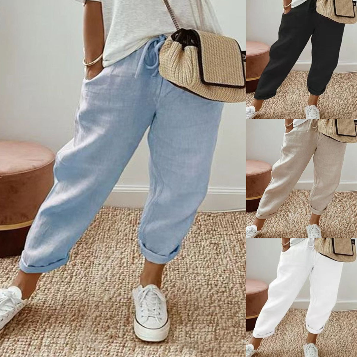 Pantalones casuales de algodón y lino para mujer