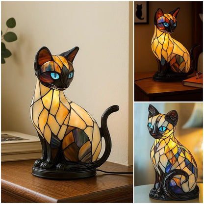 Lámpara de mesa con forma de gato y perro, una luz de noche retro, hecha de resina coloreada, con temática de gatos y perros.