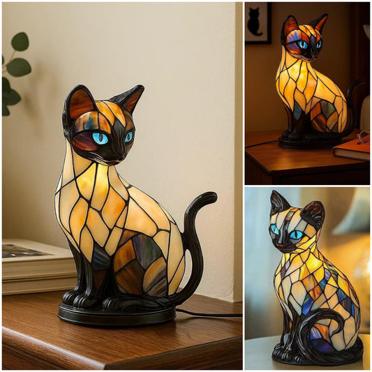 Lámpara de mesa con forma de gato, lámpara de noche retro fabricada en resina de colores, con temática de gatos