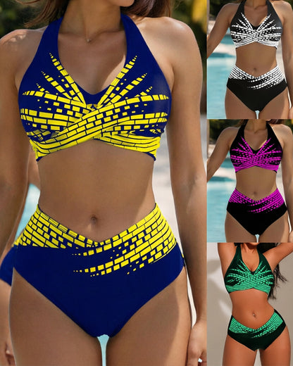 【L–2XL】Bikinis de dos piezas para mujeres de tallas grandes, Cintura alta, Alta elasticidad