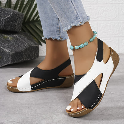 【¡Oferta!】【36-43】Sandalias de cuña en contraste de verano para mujer, cómodas sandalias con tiras en el tobillo, tejidas a mano, suaves y cómodas_E