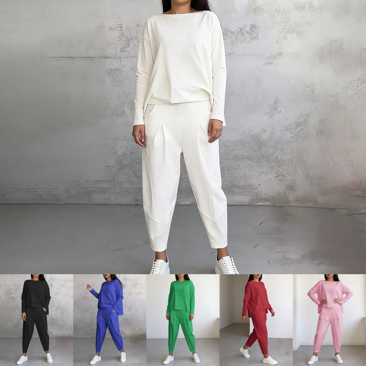 【Descuento】Conjunto de manga larga con blusa de cuello redondo y pantalón largo
