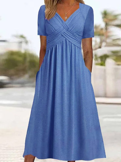【S-3XL】2026 Vestido casual midi de color sólido Nuevo vestido suelto de manga corta de verano