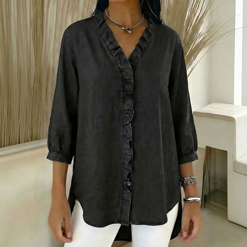【40-100kg】Camisa vaquera informal para mujer con cuello en V y volantes