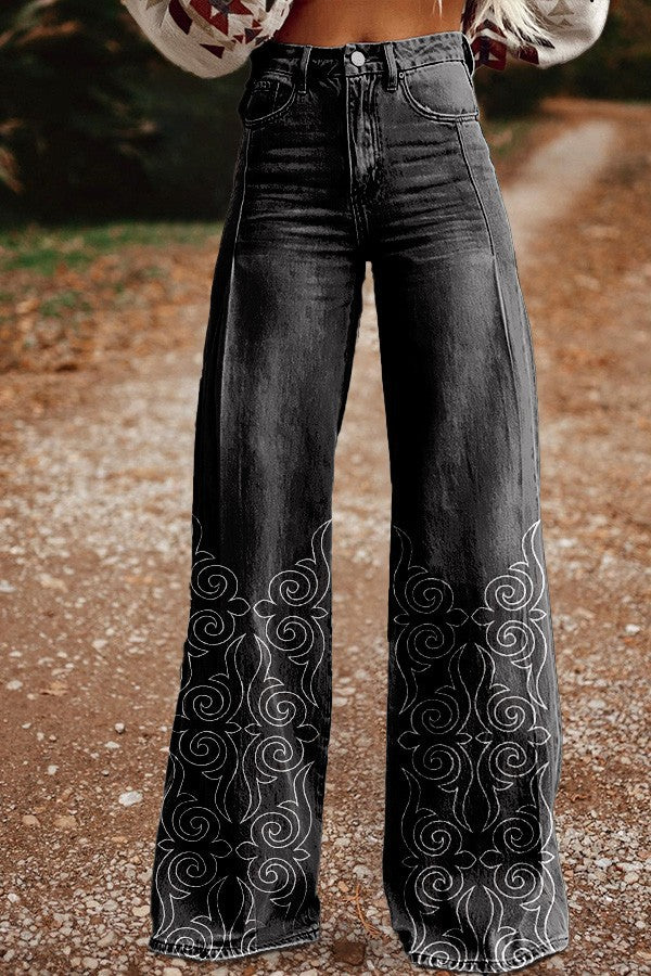 Pantalones vaqueros azules de talle alto y pierna ancha con costuras de encaje [40 kg-120 kg]