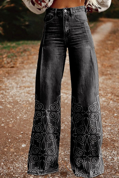 Pantalones vaqueros azules de talle alto y pierna ancha con costuras de encaje [40 kg-120 kg]
