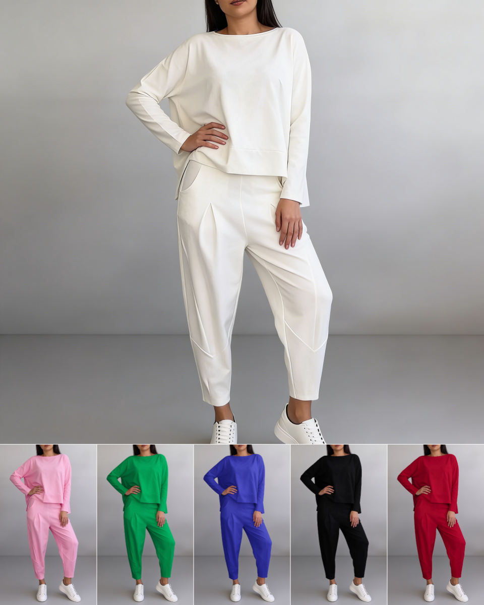 Conjunto de manga larga con blusa de cuello redondo y pantalón largo