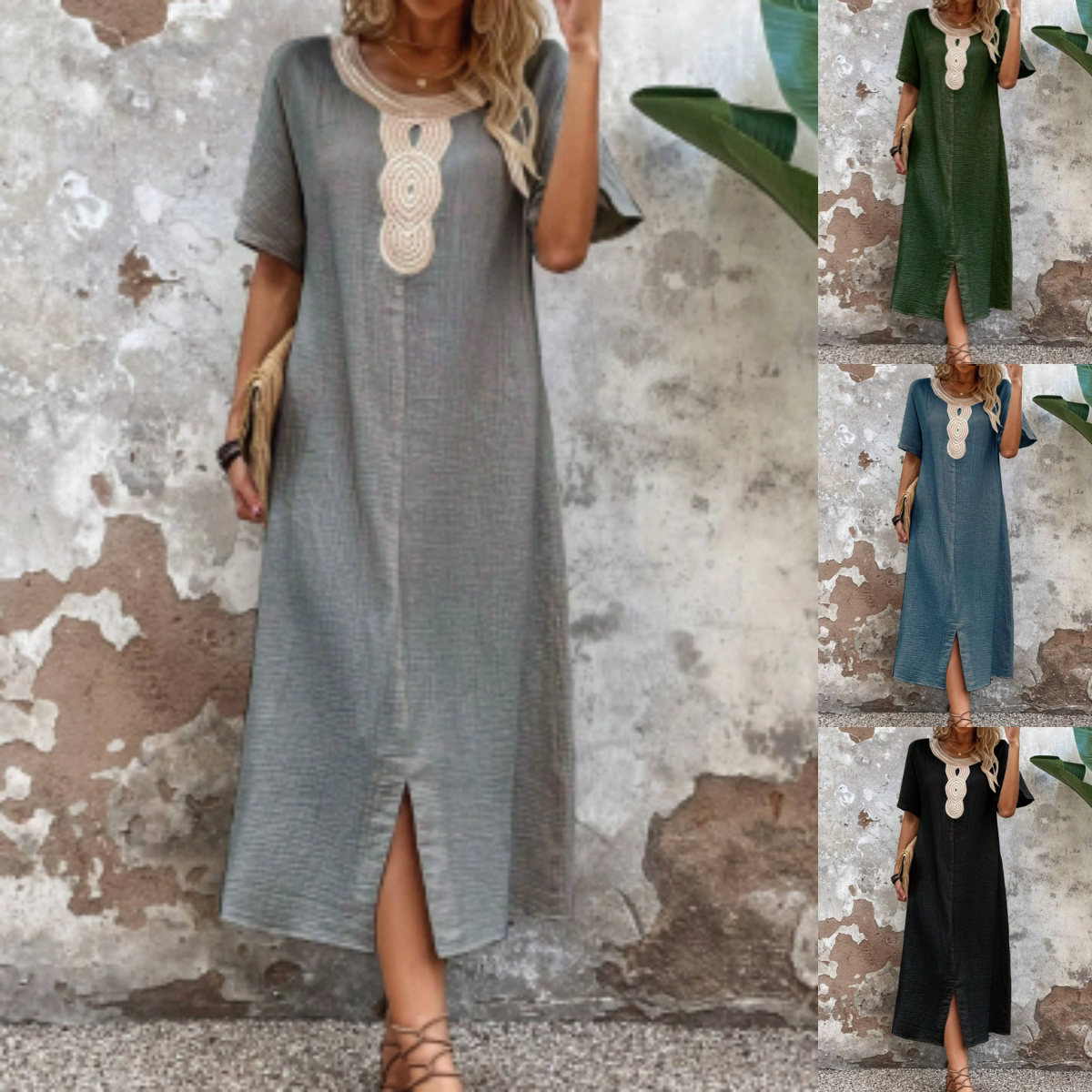 【S-3XL】Vestido de verano holgado para mujer con escote redondo, confeccionado en algodón puro y lino, con abertura.