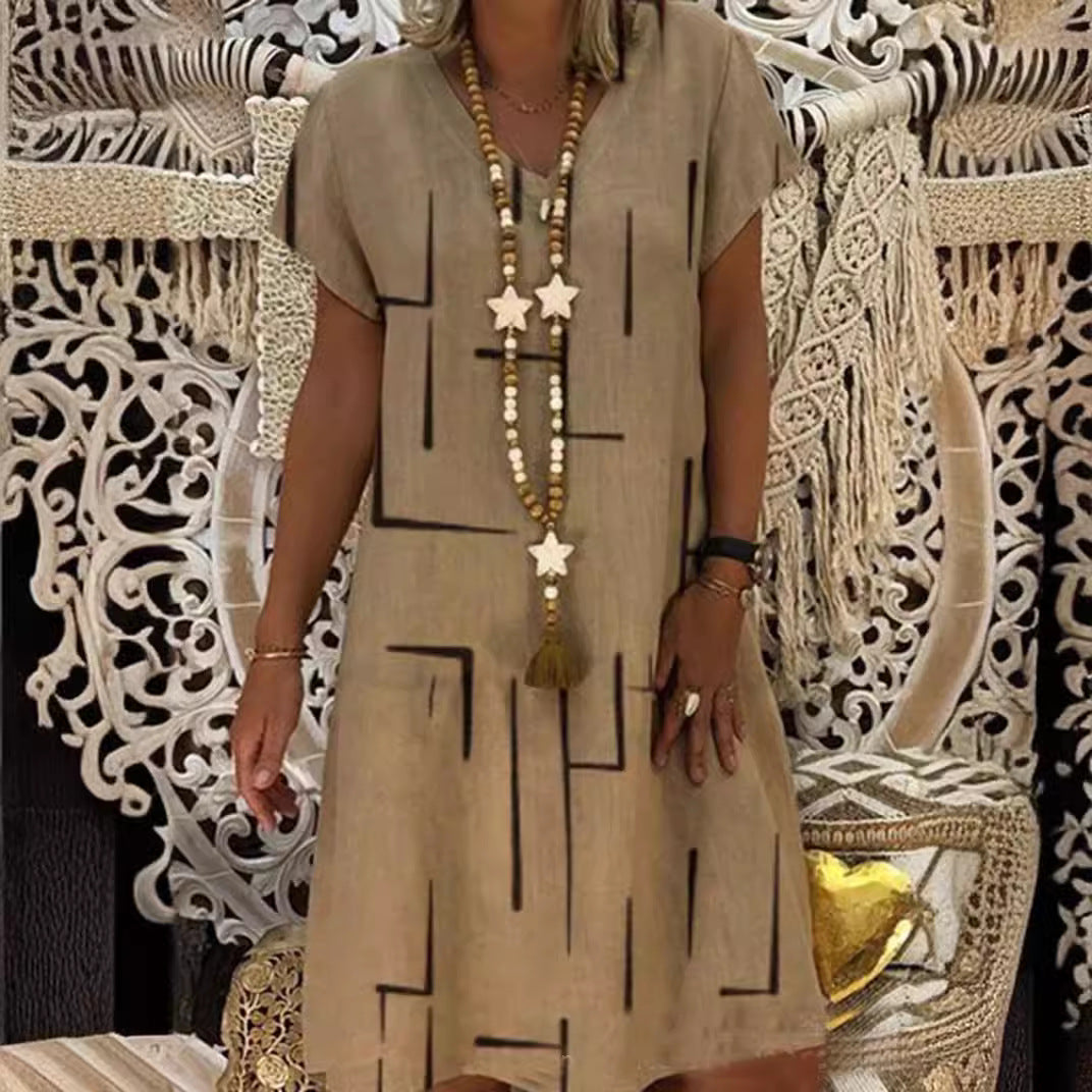 Vestido estampado de lino y algodón con cuello en V, color oro puro, 2026 - Oferta