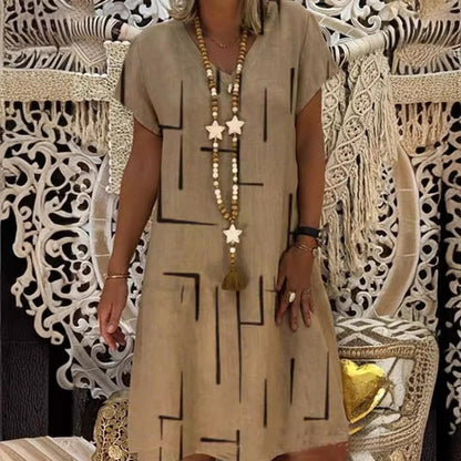 Vestido estampado de lino y algodón con cuello en V, color oro puro, 2026 - Oferta