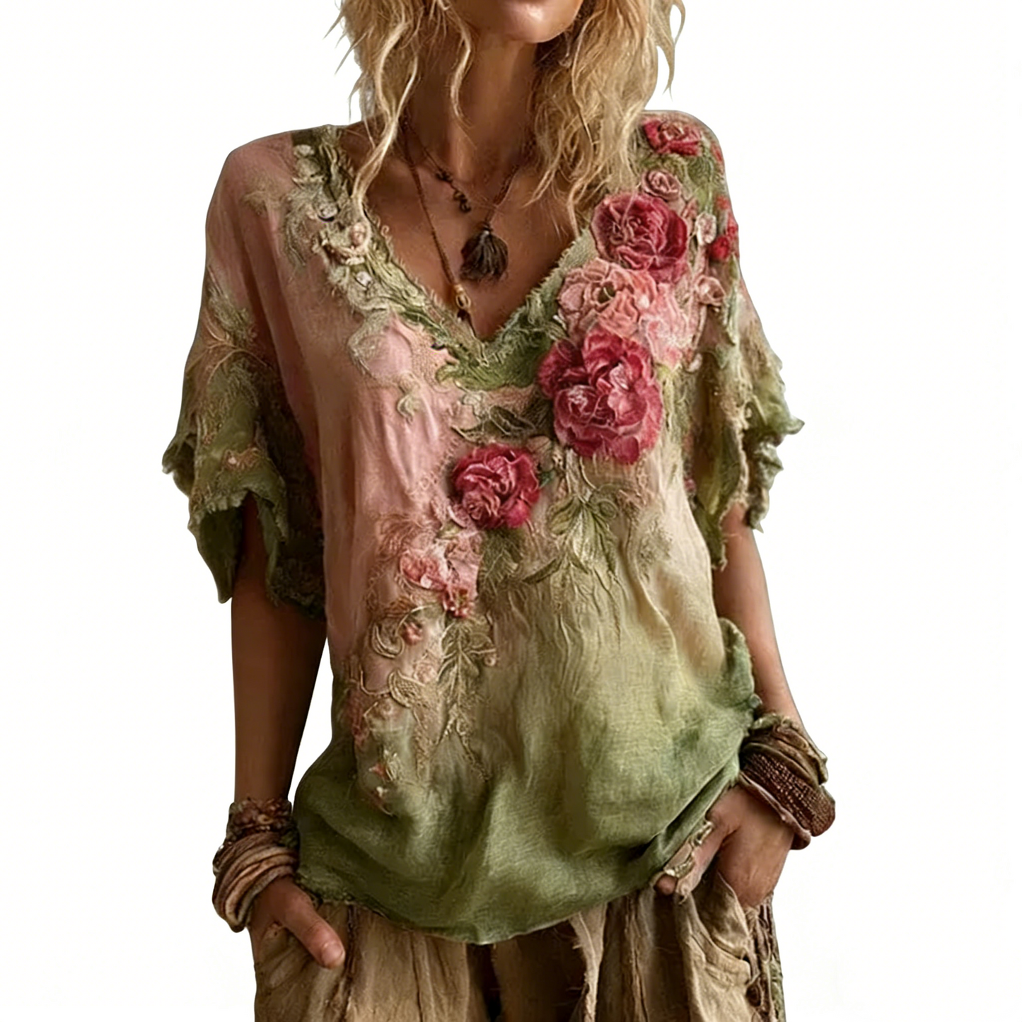 Blusa elegante con cuello en V profundo y estampado floral  Tallas S-4XL