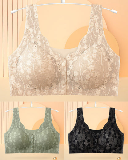 😍【Pachet de 3 bucăți】【40–100KG】Sutien din dantelă pentru femei, fără sârmă, cu închidere frontală_4063684