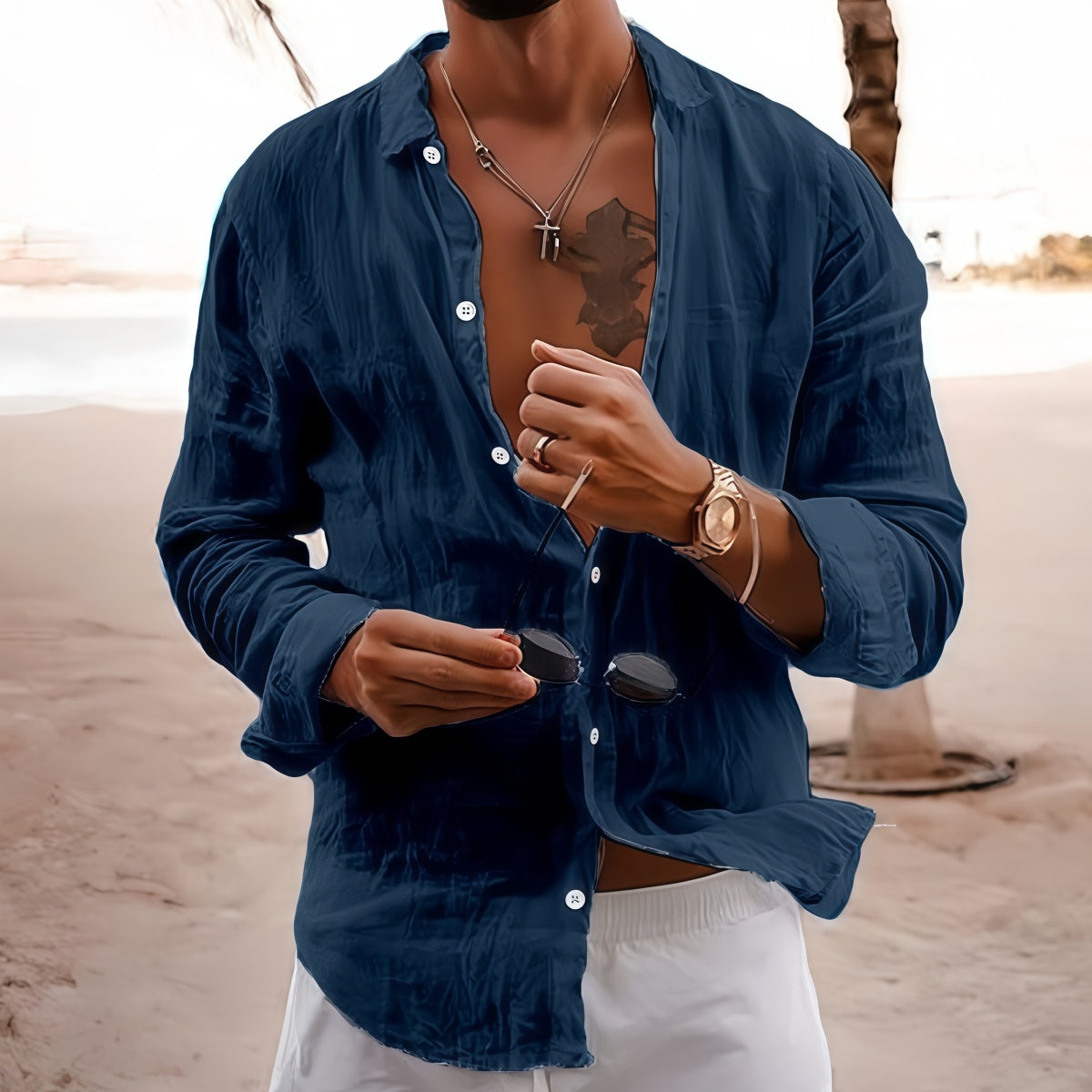 Camisa de hombre de algodón y lino con cuello doblado.【S-5XL】