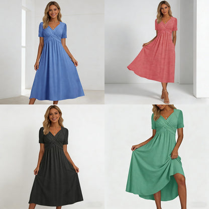 【S-3XL】2026 Vestido casual midi de color sólido Nuevo vestido suelto de manga corta de verano