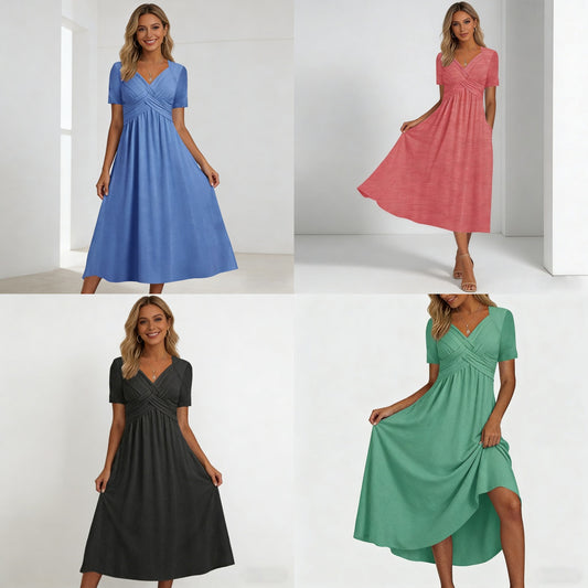 【S-3XL】2026 Vestido casual midi de color sólido Nuevo vestido suelto de manga corta de verano
