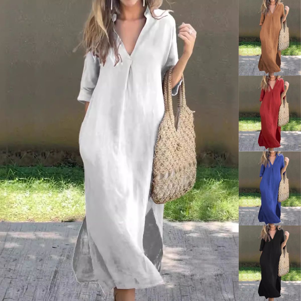 【Pago contra entrega】【40-100 kg】Vestido largo de lino para verano, escote en V, abertura lateral, cómodo
