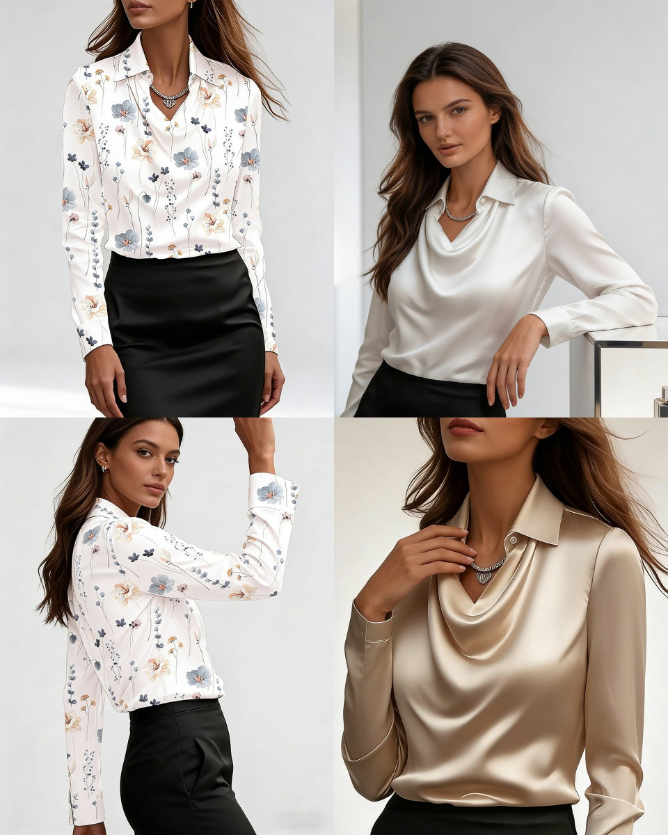 【40-100KG】Camisa de mujer con estampado y cuello en color liso