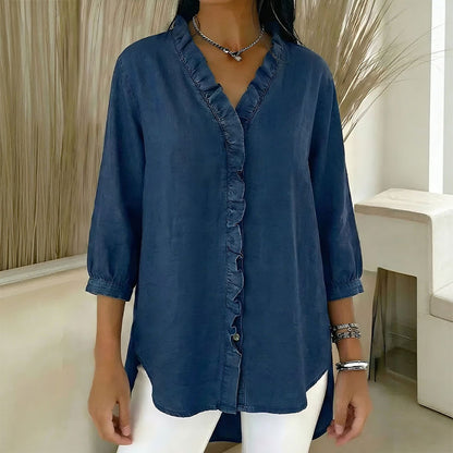 【40-100kg】Camisa vaquera informal para mujer con cuello en V y volantes
